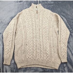 Carraig Donn Sweater Mens XL 100% Wool Fisherman 1/4 Zip Cable Knit Aran Oatmeal